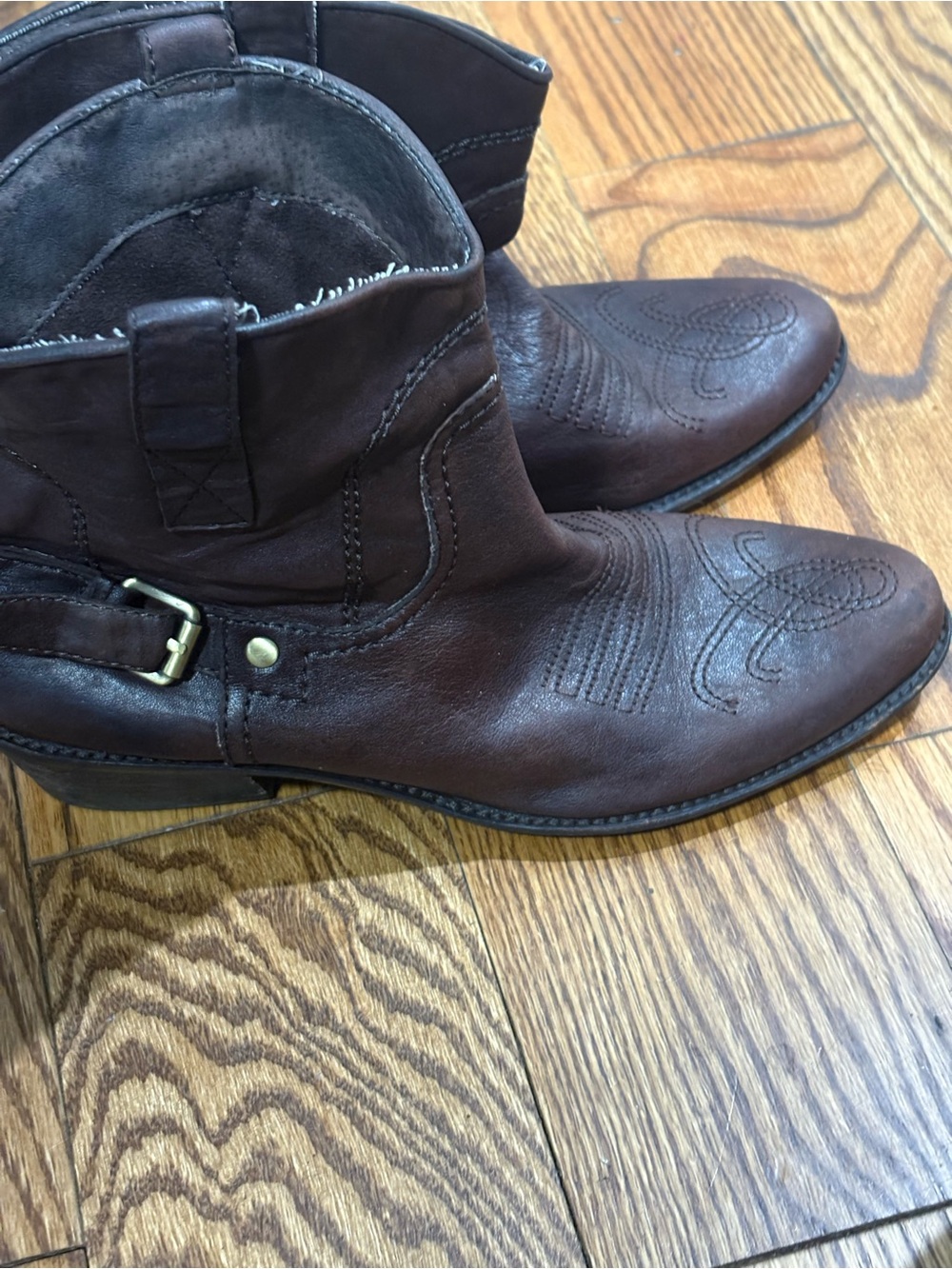 Franco Sarto Dark Brown Leather Ankle Booties with Buckle